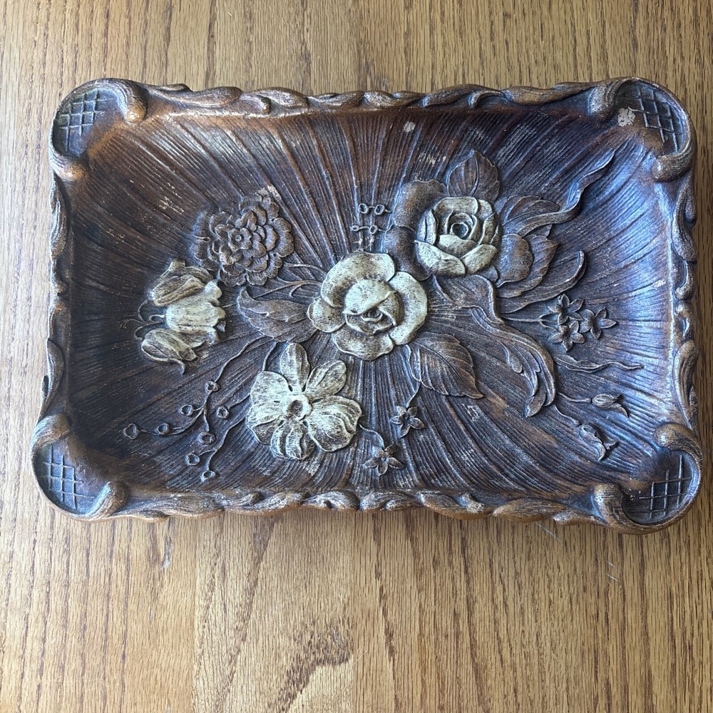 Vintage 40's 1944 Multi Products Syroco Molded Wood Composite Floral Rose Tray